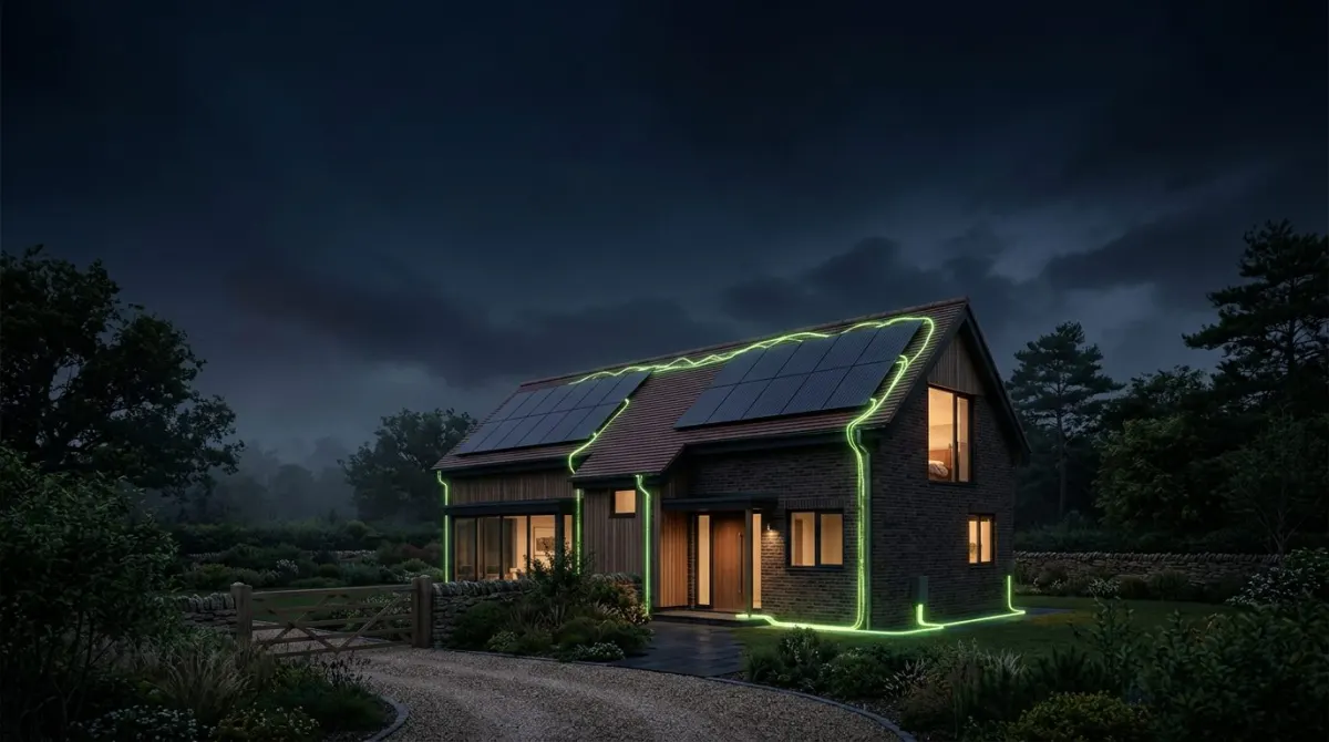 Brick house at dusk with solar panels on the roof, its wiring traced in glowing green light